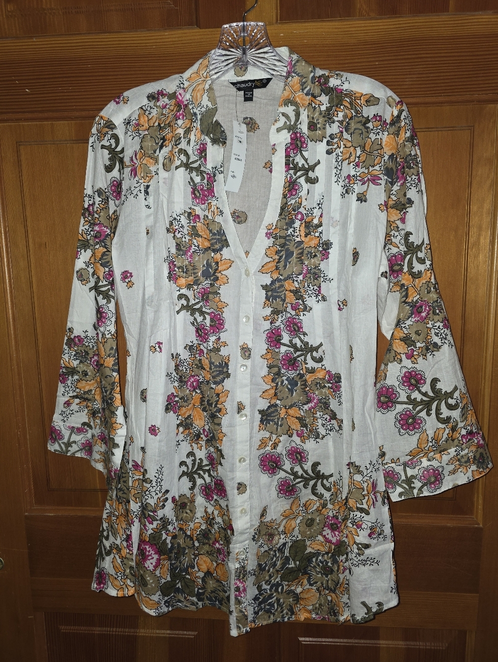 Chaudry KC Floral Long Sleeve Tunic Button Up Size Medium NWT 100% Cotton